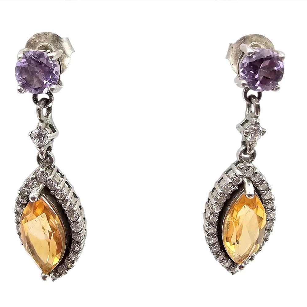 Amethyst Citrine Sterling Silver Drop Dangle Earrings‎